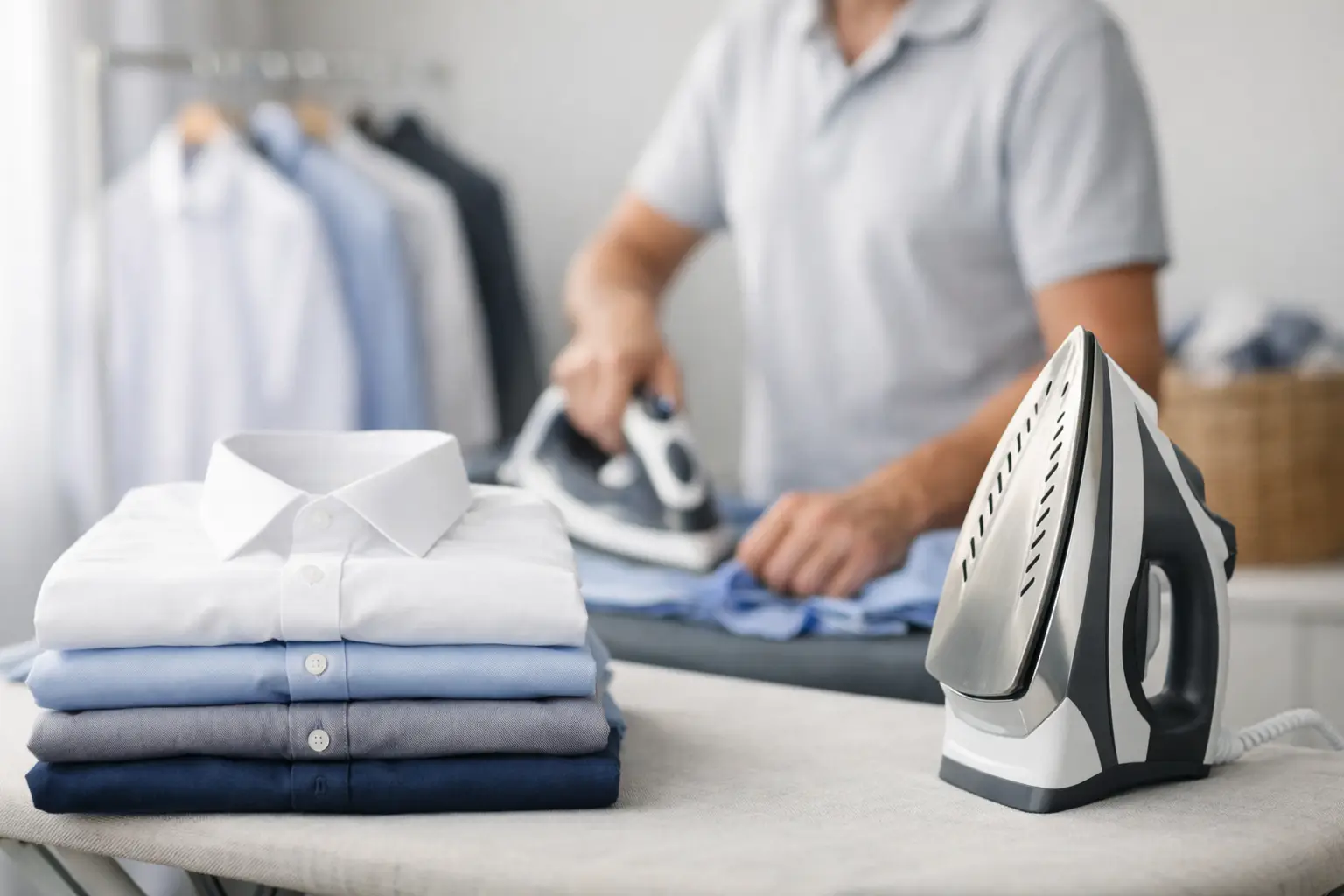 Freshly ironed shirts and clothes beside an iron