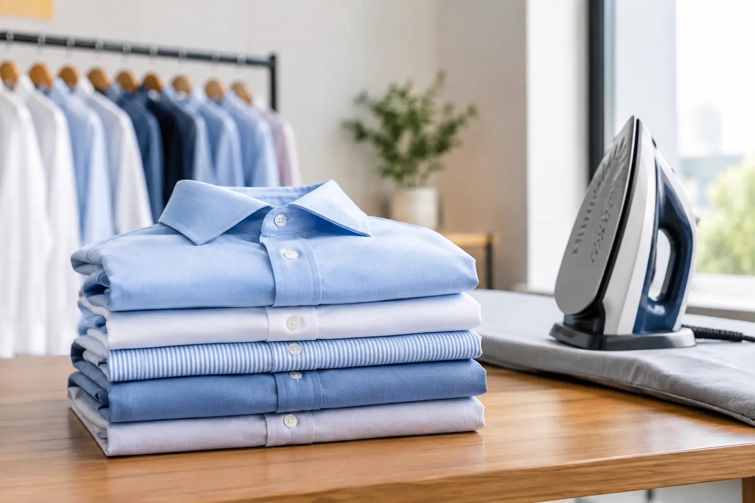 Freshly pressed shirts ready for ironing collection and delivery