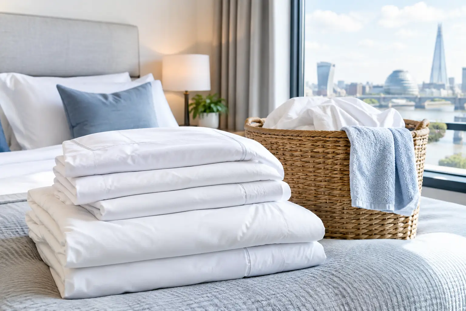 Freshly cleaned bed linen ready for laundry collection and delivery