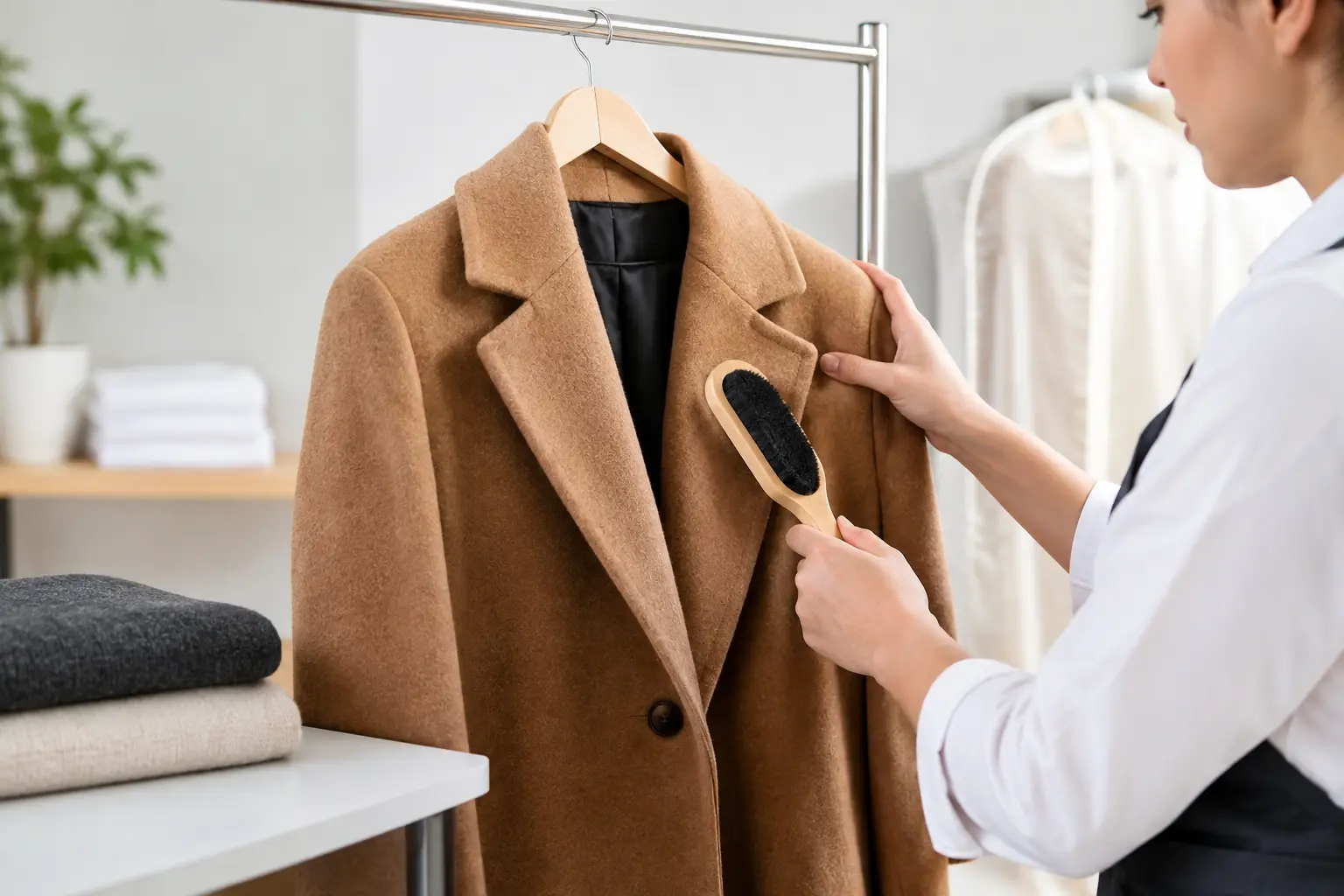 Wool coat prepared for professional dry cleaning and collection