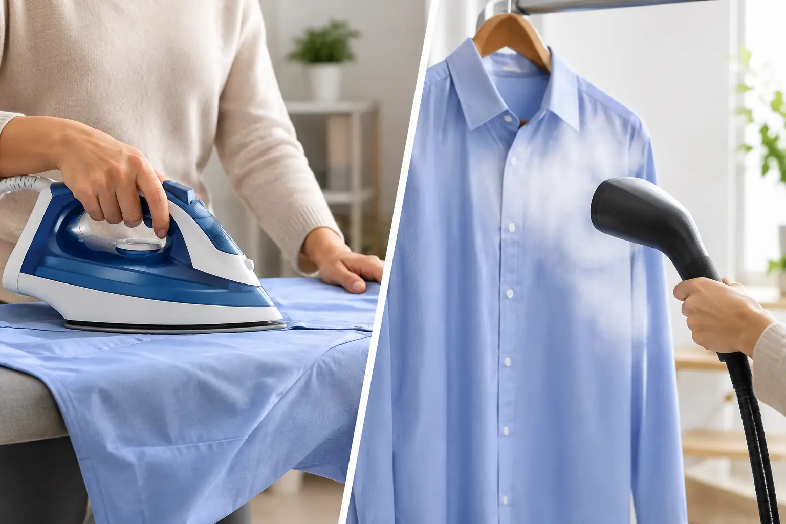 Iron and clothes steamer beside freshly pressed garments
