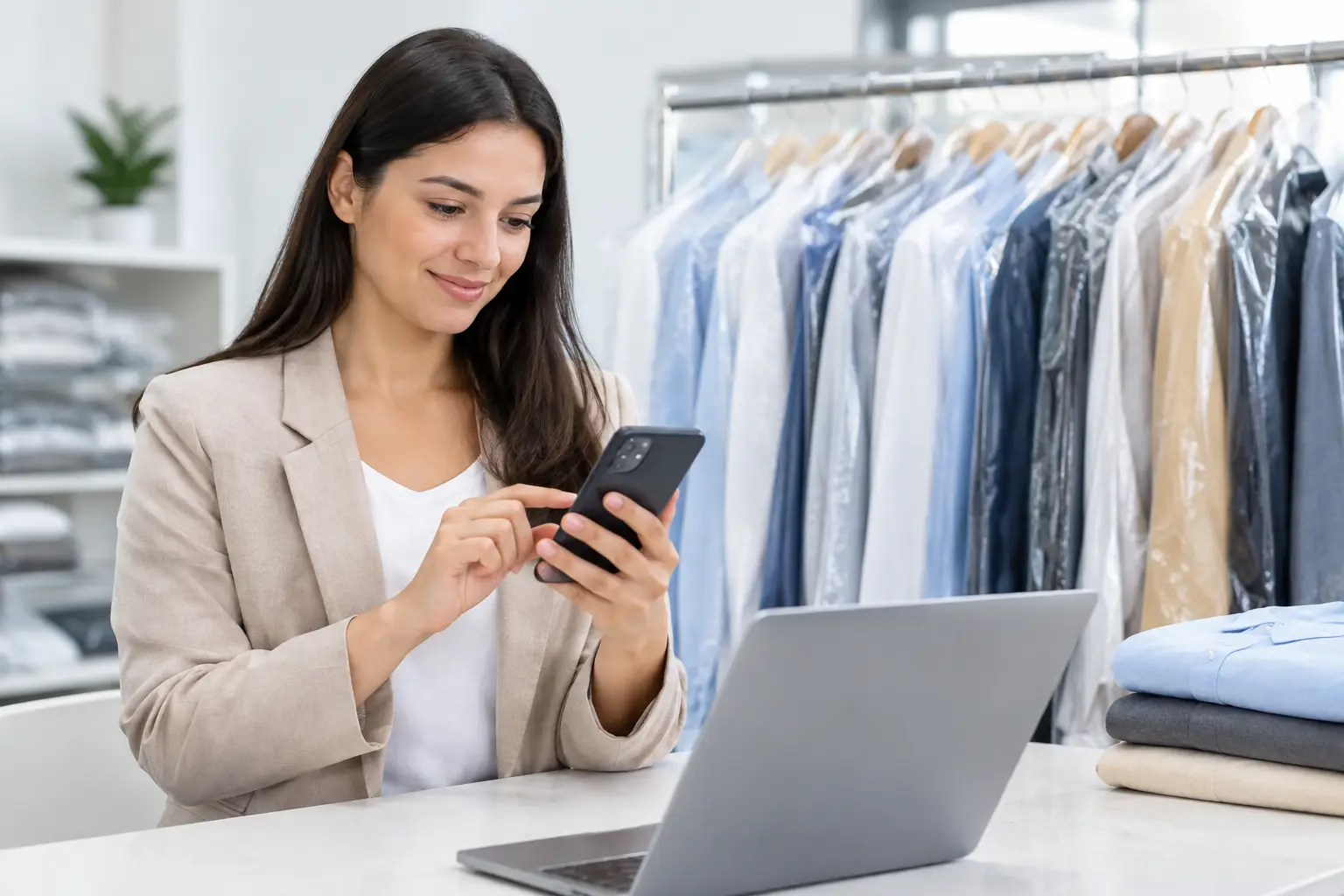 Customer checking a garment cleaning order status on a mobile phone
