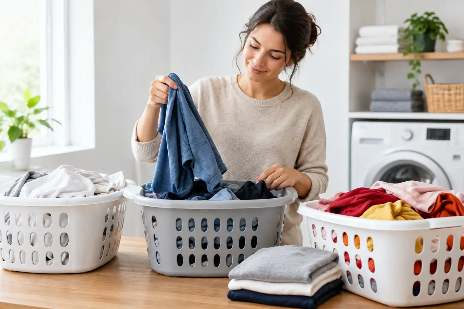 Clothes sorted by colour and fabric before cleaning