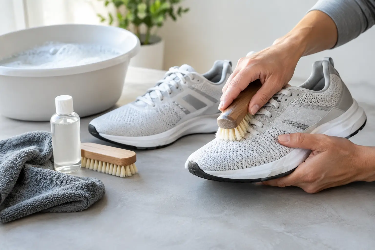 Trainers being cleaned gently by hand to protect shape and colour