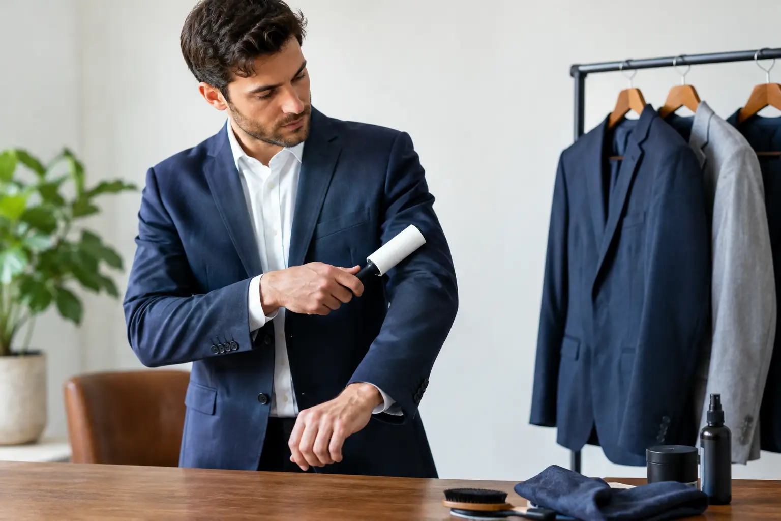 Suit being brushed and aired to refresh it between professional cleans